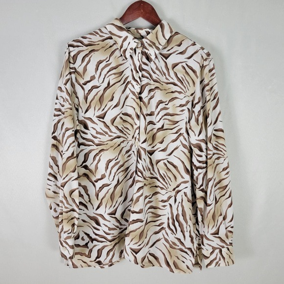 Alfred Dunner‎ Womens Shirt 14 Top Brown Zebra Stripe Long Sleeve Button Down - Picture 1 of 10
